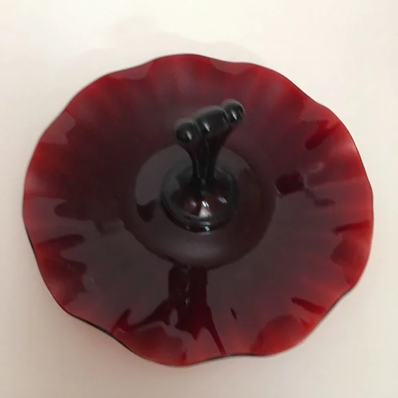 Vintage art Deco Cranberry Glass Candy Dish Wavy Edging with Handle Trinket Tray - Picture 10 of 11